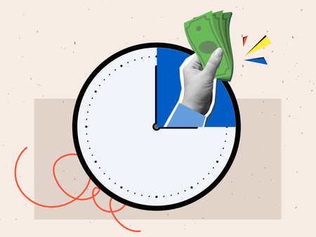 A hand pulls money from the face of a wall clock - the concept of time management and deadlines. Modern collage style. Vector illustrationのイラスト素材