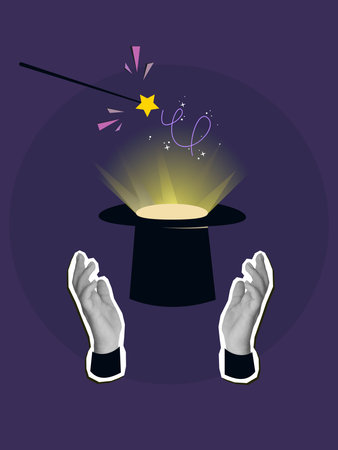 A hands holding a cylinder with a glow and magic wand. Modern collage style. Vector illustrationのイラスト素材