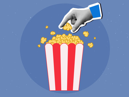 A hand takes popcorn from a striped red and white packaging. Modern collage style. Vector illustrationのイラスト素材