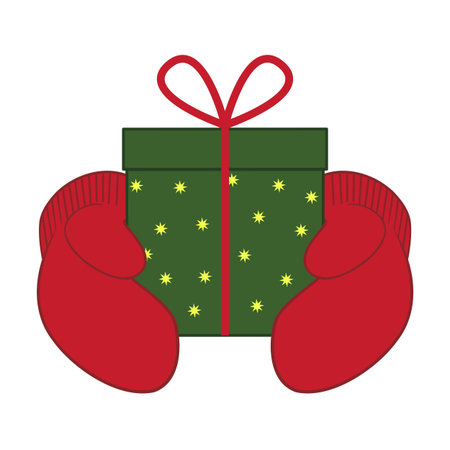 Hands in red mittens hold a gift box decorated with a red bow. Vector illustration isolated on a white backgroundのイラスト素材