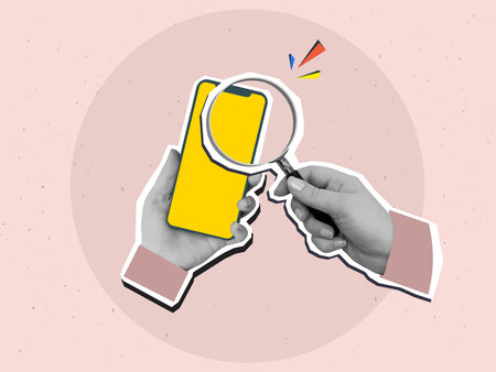 Looking at a phone with a blank screen through a magnifying glass. Modern collage style. Vector illustrationのイラスト素材