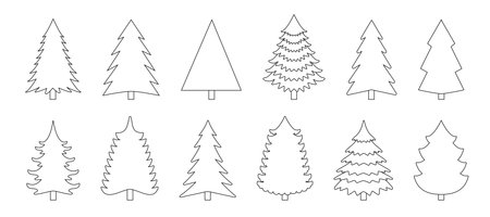 Collection of outline Christmas trees, various shapes. Vector illustration isolated on a white backgroundのイラスト素材