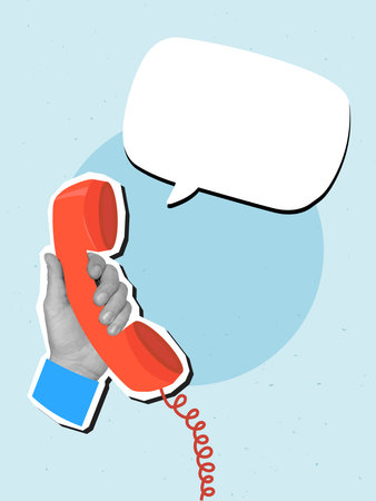 Black and white hand holding a vintage telephone receiver with a blank speech bubble. Modern photo collage style. Vector illustrationのイラスト素材