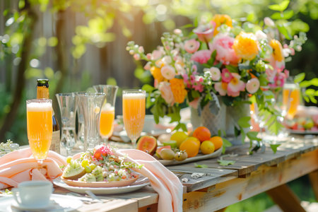 Backyard brunch setup in soft morning light, rustic wooden table with glasses and fruit platters, napkins and blooming flowers in vases. AI generativeの素材