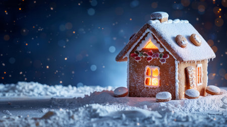 Gingerbread house dusted with powdered sugar against dark blue winter backdrop with a place for text. AI generativeの素材