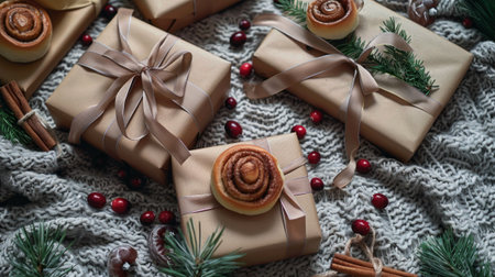 An overhead shot of a festive flat lay. Craft wrapped gifts with ribbons, pine branches, cinnamon rolls, and scattered cranberries rest on a cozy knitted blanket in warm holiday colors. AI generativeの素材