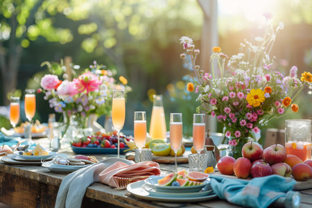 Backyard brunch setup in soft morning light, rustic wooden table with glasses and fruit platters, napkins and blooming flowers in vases. AI generativeの素材