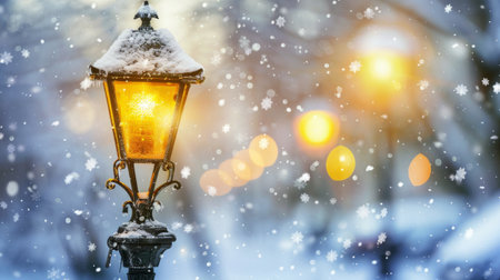 Vintage street lantern glowing in snowstorm with a place for text. AI generativeの素材