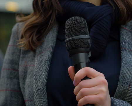 Close-up of a reporter's microphone in the hand of a female correspondent in a gray suit. AI generativeの素材