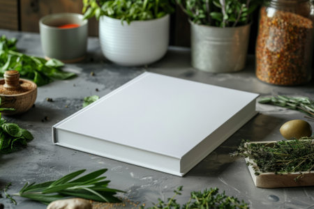 Blank white book cover mockup lying on an rustic kitchen table surrounded by fresh and dry herbs. AI generativeの素材