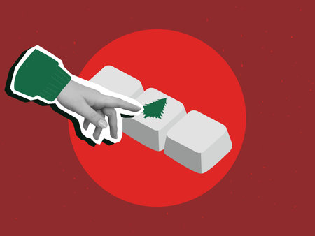 Black and white hand presses a button with a Christmas tree - the concept of starting Christmas. Modern collage style. Vector illustrationのイラスト素材