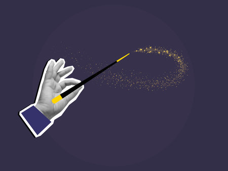 Black and white hand holding a magic wand with a trace of movement in the form of a swirl of gold dust. Wave of the magic wand. Modern collage style. Vector illustrationのイラスト素材