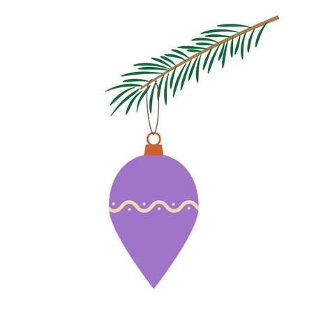 A Christmas ball on a fir branch. Retro-style New Year's decor. Flat vector illustration isolated on a white backgroundのイラスト素材