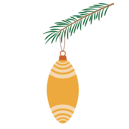 A Christmas ball on a fir branch. Retro-style New Year's decor. Flat vector illustration isolated on a white backgroundのイラスト素材