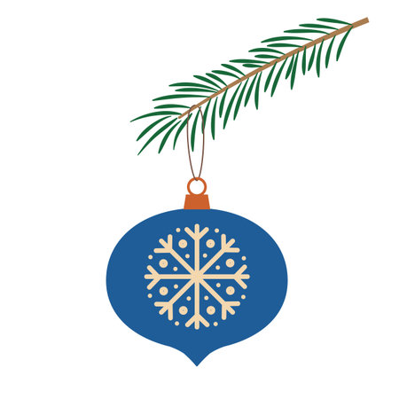 A Christmas ball on a fir branch. Retro-style New Year's decor. Flat vector illustration isolated on a white backgroundのイラスト素材