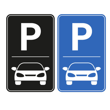 Parking signs with the letter P and the frontal silhouette of a car. Vector illustration isolated on a white backgroundのイラスト素材