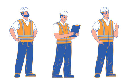 A collection of workers in white hard hats and orange vests. An engineer stands with hands on his hips, holding a clipboard and giving a thumbs up. Vector illustration isolated on a white backgroundのイラスト素材