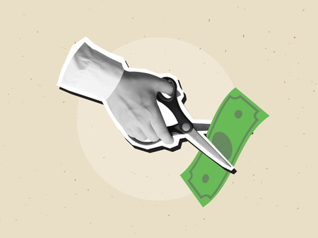 A hand cuts a green bill with scissors. Modern photo collage style. Vector illustration