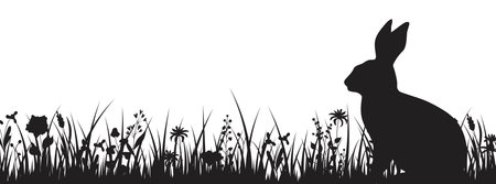 Horizontal banner with rabbit's black silhouette in a blooming flowers and grass. Spring floral backdrop. Vector illustration isolated on white backgroundのイラスト素材