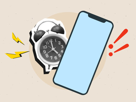 A ringing classic alarm clock and a phone with empty screen and exclamation marks. Modern photo collage style. Vector illustrationのイラスト素材