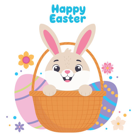 A festive Easter card with a cute bunny in a wicker basket surrounded by eggs and flowers with the inscription Happy Easter. Flat color vector illustration isolated on a white backgroundのイラスト素材