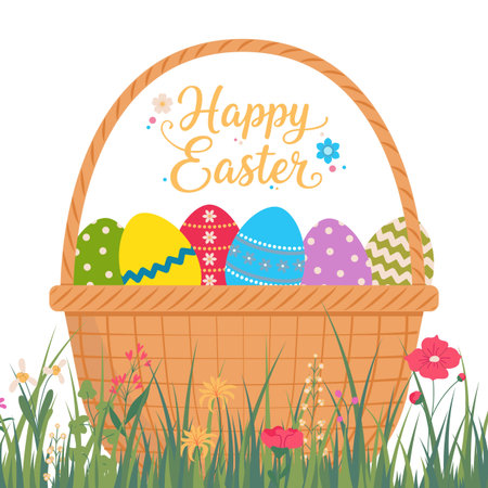 Greeting card with basket with a decorated Easter eggs in fresh grass and text Happy Easter. Vector illustration isolated on a white backgroundのイラスト素材