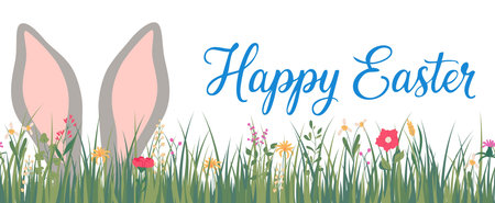 Horizontal  banner with a rabbit's ears in grass and text Happy Easter. Spring floral backdrop....