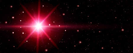 A red star with rays on a dark starry sky in space