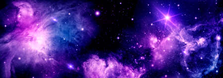 Bright cosmic background with realistic nebula shining stars and stardust for design and text
