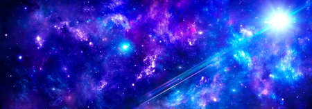 Outer space with blue-purple nebulae and a cluster of gas in the universe, the rays of the sunの写真素材