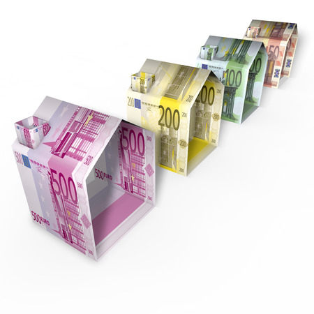 Houses made of euro paper money lying diagonallyの写真素材