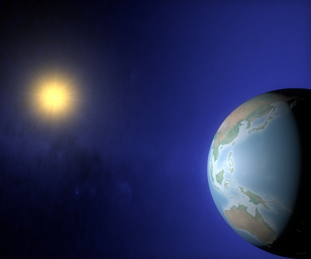 World globe map in the space with sun, Asia and Australiaの写真素材