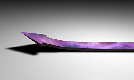 Purple arrow rising up on a white backgroundの写真素材