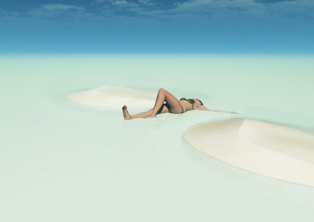 Girl sand sea and islandの写真素材
