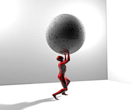 Naked man carrying a ball over the headの写真素材