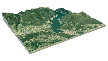Aerial view of Lake Como and the surrounding area, map in 3d の写真素材