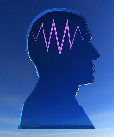 Head silhouette with thinking wave on blue sky backgroundの写真素材