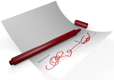 Red pen on a white sheet of paper withの写真素材
