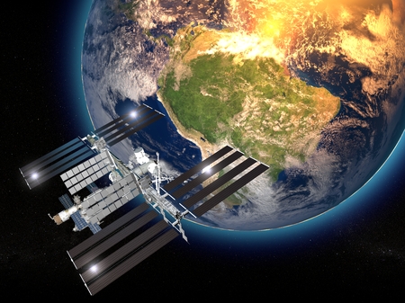 International Space Station in orbit around the earthの写真素材