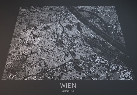 Vienna, Wien, map, satellite view, section 3d, Austriaの写真素材