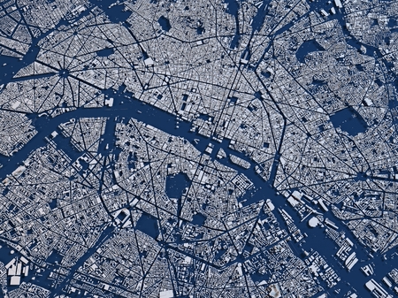 Map of Paris, France, satellite view, map in 3d