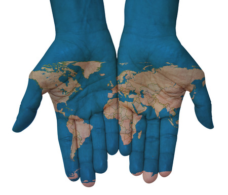 Hands with world map, map of the world drawnの写真素材