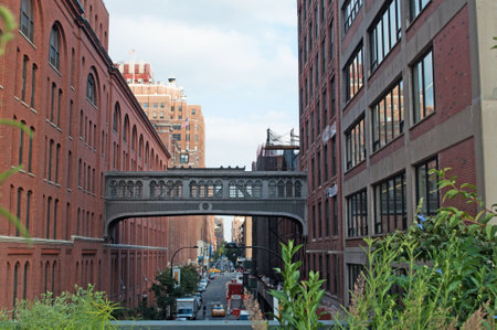 Chelsea neighborhood seen from the High Line, iron bridge, New York City