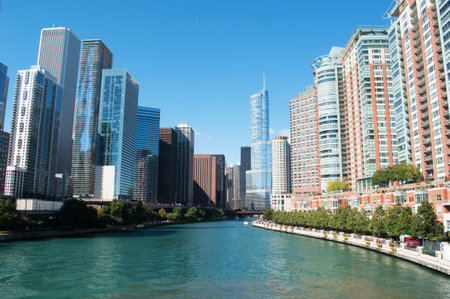 Panoramic view on Chicago river, Trump Tower, buildings and skyscrapers, waterway, movable bridge and canal cruisingのeditorial素材