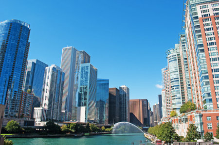 Panoramic view on Chicago river, buildings and skyscrapers, waterway, movable bridge and canal cruisingのeditorial素材