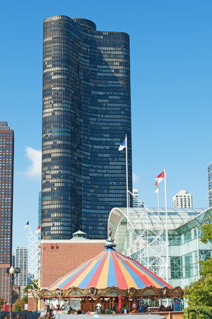 Chicago Navy Pier Ferris Wheel, Near North Side community area, municipal pier, dock, carousel, skylineのeditorial素材