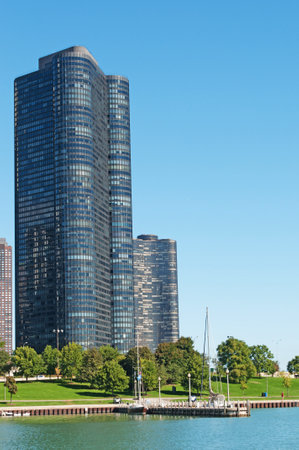 Sailboat dock, Chicago skyline, Lake Michigan shorelineのeditorial素材