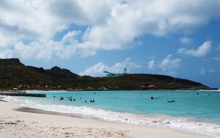 St Jean beach, sea, plane, St Barth, St. Bartsのeditorial素材