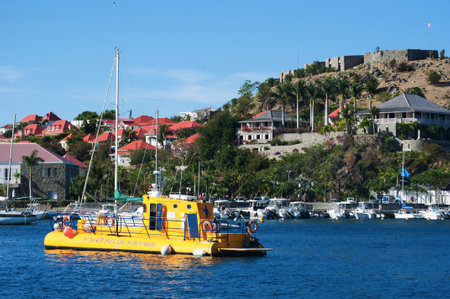 Yellow submarine harbor in Gustavia, St Barth, St. Barthsのeditorial素材