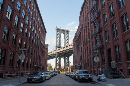 New York, USA, an iconic view of Manhattan Bridge from Dumbo neighborhood